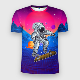 Мужская футболка 3D Slim с принтом Космонавт  прыгает на скейте в Екатеринбурге, 100% полиэстер с улучшенными характеристиками | приталенный силуэт, круглая горловина, широкие плечи, сужается к линии бедра | skate | космонавт | космос | скейт | скейтер