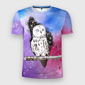 Мужская футболка 3D Slim с принтом Сова на фоне звездного неба в Новосибирске, 100% полиэстер с улучшенными характеристиками | приталенный силуэт, круглая горловина, широкие плечи, сужается к линии бедра | owl | stars | акварель | галактика | звездное | звезды | небо | птица | сова