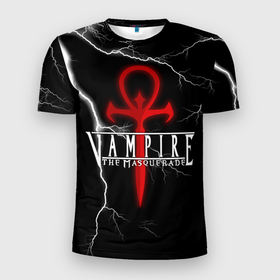 Мужская футболка 3D Slim с принтом Vampire: The Masquerade  Bloodhunt, lightning , 100% полиэстер с улучшенными характеристиками | приталенный силуэт, круглая горловина, широкие плечи, сужается к линии бедра | battle royale | free game | multiplayer | the masquerade   bloodhunt | vampire | бесплатная игра | вампир | королевская битва | маскарад   кровавая охота | многопользовательская | онлайн – видеоигра