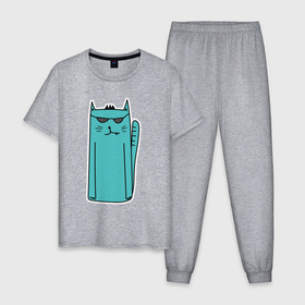 Мужская пижама хлопок с принтом Бирюзовый кот в Белгороде, 100% хлопок | брюки и футболка прямого кроя, без карманов, на брюках мягкая резинка на поясе и по низу штанин
 | бирюза | бирюзовый | кот | кот в очках | крутой