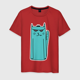 Мужская футболка хлопок с принтом Бирюзовый кот в Кировске, 100% хлопок | прямой крой, круглый вырез горловины, длина до линии бедер, слегка спущенное плечо. | бирюза | бирюзовый | кот | кот в очках | крутой
