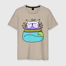 Мужская футболка хлопок с принтом Разноцветный котик в Санкт-Петербурге, 100% хлопок | прямой крой, круглый вырез горловины, длина до линии бедер, слегка спущенное плечо. | кот | котенок | котик | кошка | разноцветный