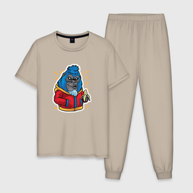 Мужская пижама хлопок с принтом Синяя горилла с бананами APE в Курске, 100% хлопок | брюки и футболка прямого кроя, без карманов, на брюках мягкая резинка на поясе и по низу штанин
 | ape | monkey | банан | бананы | горилла | обезьяна