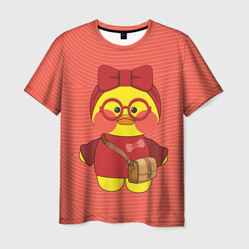 Мужская футболка 3D с принтом Лалафанфан в красных очках в Санкт-Петербурге, 100% полиэфир | прямой крой, круглый вырез горловины, длина до линии бедер | lalafanfan duck | игрушка | лалафанфан | птица | утка | уточка