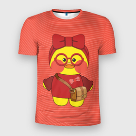 Мужская футболка 3D Slim с принтом Лалафанфан в красных очках в Санкт-Петербурге, 100% полиэстер с улучшенными характеристиками | приталенный силуэт, круглая горловина, широкие плечи, сужается к линии бедра | Тематика изображения на принте: lalafanfan duck | игрушка | лалафанфан | птица | утка | уточка