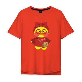 Мужская футболка хлопок Oversize с принтом Утенок Лалафанфан в красных очках в Новосибирске, 100% хлопок | свободный крой, круглый ворот, “спинка” длиннее передней части | Тематика изображения на принте: lalafanfan duck | детское | лалафанфан | птица | утенок | утка