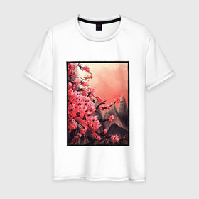 Мужская футболка хлопок с принтом Сакура пейзаж на фоне Фудзи | Sakura Fuji Landscape в Тюмени, 100% хлопок | прямой крой, круглый вырез горловины, длина до линии бедер, слегка спущенное плечо. | Тематика изображения на принте: cherry blossom | japan | japanese | mountain | nature | summer | tree | гора | горный пейзаж | дерево | живопись | искусство | лето | природа | фудзияма | цветение сакуры | япония | японский арт | японский рисунок