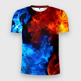 Мужская футболка 3D Slim с принтом Огонь   Вода   Инь   Янь , 100% полиэстер с улучшенными характеристиками | приталенный силуэт, круглая горловина, широкие плечи, сужается к линии бедра | element | fire | flame | water | вода | инь янь | огонь | пламя | стихия