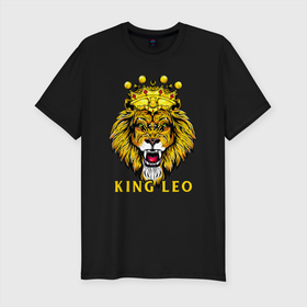 Мужская футболка хлопок Slim с принтом KING LEO Король Лев в Санкт-Петербурге, 92% хлопок, 8% лайкра | приталенный силуэт, круглый вырез ворота, длина до линии бедра, короткий рукав | aquarius | horoscope | leo | астрология | зведы | знак зодиака | лев | символ