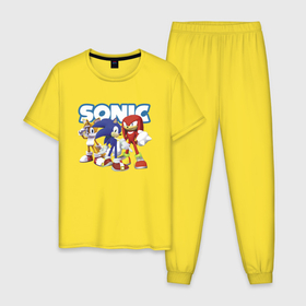Мужская пижама хлопок с принтом Sonic   Heroes   Video game в Тюмени, 100% хлопок | брюки и футболка прямого кроя, без карманов, на брюках мягкая резинка на поясе и по низу штанин
 | hedgehog | heroes | sonic | video game | видеоигра | герои | ёжик | персонажи | соник