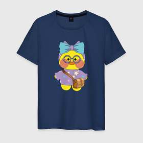Мужская футболка хлопок с принтом Лалафанфан с голубым бантом и звездами в Новосибирске, 100% хлопок | прямой крой, круглый вырез горловины, длина до линии бедер, слегка спущенное плечо. | lalafanfan duck | звезда | лалафанфан | птица | утка | уточка