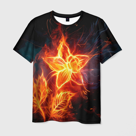 Мужская футболка 3D с принтом Flower   Neon   Fashion 2035   Flame , 100% полиэфир | прямой крой, круглый вырез горловины, длина до линии бедер | fashion | fire | flame | flower | neon | мода | неон | огонь | пламя | цветок