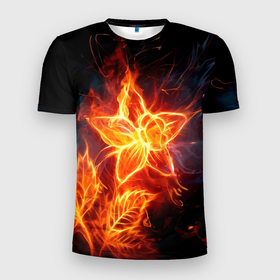 Мужская футболка 3D Slim с принтом Flower   Neon   Fashion 2035   Flame , 100% полиэстер с улучшенными характеристиками | приталенный силуэт, круглая горловина, широкие плечи, сужается к линии бедра | fashion | fire | flame | flower | neon | мода | неон | огонь | пламя | цветок