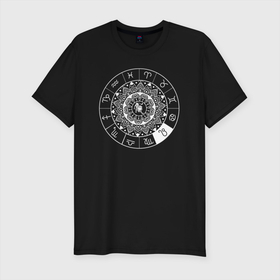 Мужская футболка хлопок Slim с принтом Зодиакальный круг Лев в Санкт-Петербурге, 92% хлопок, 8% лайкра | приталенный силуэт, круглый вырез ворота, длина до линии бедра, короткий рукав | aquarius | horoscope | leo | астрология | зведы | знак зодиака | лев | символ