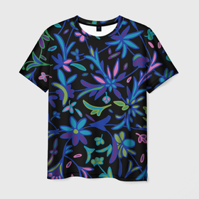 Мужская футболка 3D с принтом Drawing of night flowers в Екатеринбурге, 100% полиэфир | прямой крой, круглый вырез горловины, длина до линии бедер | графика | рисунок | узор | цветы | черный