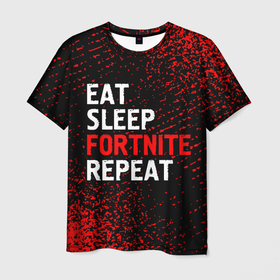 Мужская футболка 3D с принтом Eat Sleep Fortnite Repeat + Арт в Тюмени, 100% полиэфир | прямой крой, круглый вырез горловины, длина до линии бедер | eat sleep fortnite repeat | fortnite | logo | игра | игры | краска | лого | логотип | символ | спрей | фортнайт