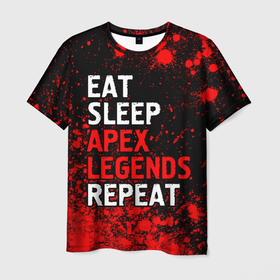 Мужская футболка 3D с принтом Eat Sleep Apex Legends Repeat + Краска в Санкт-Петербурге, 100% полиэфир | прямой крой, круглый вырез горловины, длина до линии бедер | apex | eat sleep apex legends repeat | legends | logo | апекс | игра | игры | краска | краски | легент | лого | логотип | символ
