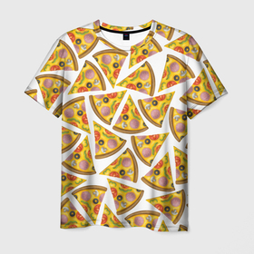 Мужская футболка 3D с принтом Кусочки вкусной пиццы в Новосибирске, 100% полиэфир | прямой крой, круглый вырез горловины, длина до линии бедер | кусочки | маргарита | пицца | помидоры | треугольник