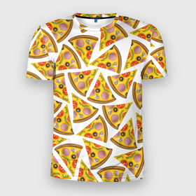 Мужская футболка 3D Slim с принтом Кусочки вкусной пиццы в Новосибирске, 100% полиэстер с улучшенными характеристиками | приталенный силуэт, круглая горловина, широкие плечи, сужается к линии бедра | Тематика изображения на принте: кусочки | маргарита | пицца | помидоры | треугольник