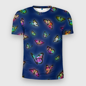 Мужская футболка 3D Slim с принтом Бабочки бак бяк в Новосибирске, 100% полиэстер с улучшенными характеристиками | приталенный силуэт, круглая горловина, широкие плечи, сужается к линии бедра | бабочки | букашки | жуки | насекомые | радуга