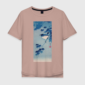 Мужская футболка хлопок Oversize с принтом Robin on a Maple Branch (Странствующий дрозд) в Петрозаводске, 100% хлопок | свободный крой, круглый ворот, “спинка” длиннее передней части | japan | искусство | охара косон | птицы | странствующий дрозд | япония | японская культура
