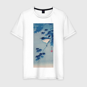 Мужская футболка хлопок с принтом Robin on a Maple Branch (Странствующий дрозд) в Новосибирске, 100% хлопок | прямой крой, круглый вырез горловины, длина до линии бедер, слегка спущенное плечо. | japan | искусство | охара косон | птицы | странствующий дрозд | япония | японская культура