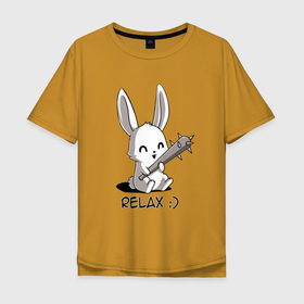 Мужская футболка хлопок Oversize с принтом Милый зайчик с дубинкой в Тюмени, 100% хлопок | свободный крой, круглый ворот, “спинка” длиннее передней части | hare | бита | дубинка | животные | зайчик | зайчики | заяц | звери | кролик