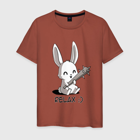 Мужская футболка хлопок с принтом Милый зайчик с дубинкой в Курске, 100% хлопок | прямой крой, круглый вырез горловины, длина до линии бедер, слегка спущенное плечо. | hare | бита | дубинка | животные | зайчик | зайчики | заяц | звери | кролик