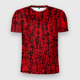 Мужская футболка 3D Slim с принтом Знаки вампиров в Тюмени, 100% полиэстер с улучшенными характеристиками | приталенный силуэт, круглая горловина, широкие плечи, сужается к линии бедра | вампир | красный | паттерн | секта | символ