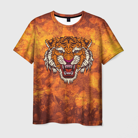 Мужская футболка 3D с принтом Пустынный тигр в Новосибирске, 100% полиэфир | прямой крой, круглый вырез горловины, длина до линии бедер | бенгальский | большая | джунгли | кошка | оранжевая | оскал | полосатый | пятнистая | сибирский | тигр | хищник | хозяин | царь