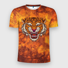 Мужская футболка 3D Slim с принтом Пустынный тигр в Екатеринбурге, 100% полиэстер с улучшенными характеристиками | приталенный силуэт, круглая горловина, широкие плечи, сужается к линии бедра | Тематика изображения на принте: бенгальский | большая | джунгли | кошка | оранжевая | оскал | полосатый | пятнистая | сибирский | тигр | хищник | хозяин | царь