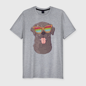 Мужская футболка хлопок Slim с принтом Пес в цветных очках в Петрозаводске, 92% хлопок, 8% лайкра | приталенный силуэт, круглый вырез ворота, длина до линии бедра, короткий рукав | пес | песик | собака | собачка | солнечные очки | цветные очки