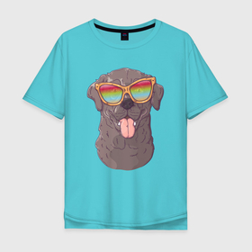 Мужская футболка хлопок Oversize с принтом Пес в цветных очках , 100% хлопок | свободный крой, круглый ворот, “спинка” длиннее передней части | Тематика изображения на принте: пес | песик | собака | собачка | солнечные очки | цветные очки