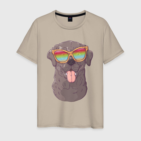Мужская футболка хлопок с принтом Пес в цветных очках , 100% хлопок | прямой крой, круглый вырез горловины, длина до линии бедер, слегка спущенное плечо. | Тематика изображения на принте: пес | песик | собака | собачка | солнечные очки | цветные очки
