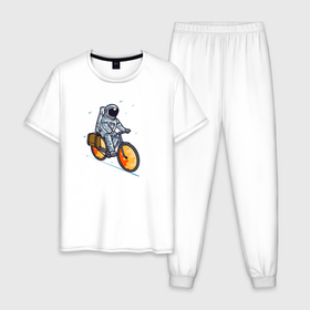 Мужская пижама хлопок с принтом Космонавт на  велосипеде , 100% хлопок | брюки и футболка прямого кроя, без карманов, на брюках мягкая резинка на поясе и по низу штанин
 | Тематика изображения на принте: астрология | велосипед | космонавт | космонавт на  велосипеде | космос