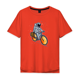 Мужская футболка хлопок Oversize с принтом Космонавт на  велосипеде , 100% хлопок | свободный крой, круглый ворот, “спинка” длиннее передней части | Тематика изображения на принте: астрология | велосипед | космонавт | космонавт на  велосипеде | космос