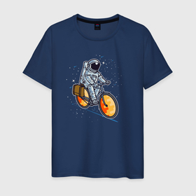 Мужская футболка хлопок с принтом Космонавт на  велосипеде , 100% хлопок | прямой крой, круглый вырез горловины, длина до линии бедер, слегка спущенное плечо. | Тематика изображения на принте: астрология | велосипед | космонавт | космонавт на  велосипеде | космос