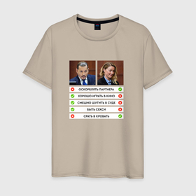 Мужская футболка хлопок с принтом Депп и Херд в Новосибирске, 100% хлопок | прямой крой, круглый вырез горловины, длина до линии бедер, слегка спущенное плечо. | amber heard | depp and heard | innocent | johnny depp | justiceforjohnnydepp | memes | trial | джонни депп | мем | справедливость