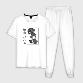 Мужская пижама хлопок с принтом Харухия арт , 100% хлопок | брюки и футболка прямого кроя, без карманов, на брюках мягкая резинка на поясе и по низу штанин
 | Тематика изображения на принте: anime | haruhi suzumiya | suzumiya haruhi no yuuutsu | аниме | анимэ | меланхолия харухи судзумии | сузумия | харухи судзумия