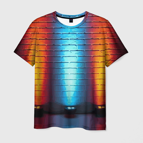 Мужская футболка 3D с принтом Кирпичная стена   Неон , 100% полиэфир | прямой крой, круглый вырез горловины, длина до линии бедер | Тематика изображения на принте: brick | color | luminaire | neon | wall | кирпич | неон | светильники | стена | цвет