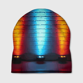 Шапка 3D с принтом Кирпичная стена   Неон , 100% полиэстер | универсальный размер, печать по всей поверхности изделия | brick | color | luminaire | neon | wall | кирпич | неон | светильники | стена | цвет