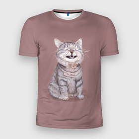 Мужская футболка 3D Slim с принтом Недовольный котик | Disgruntled cat в Новосибирске, 100% полиэстер с улучшенными характеристиками | приталенный силуэт, круглая горловина, широкие плечи, сужается к линии бедра | animal | cat | pet | бежевый фон | домашнее животное | животное | животные | зверек | звери | зверь | интересные иллюстрации | кот | котейка | коти | котик | кошара | кошка | недовольный к | прикольные картинки