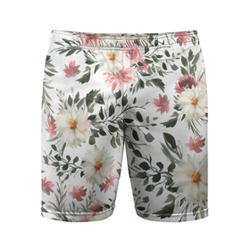 Мужские шорты спортивные с принтом Цветы Акварельно Белые ,  |  | flowers | природа | растение | флора | цветы