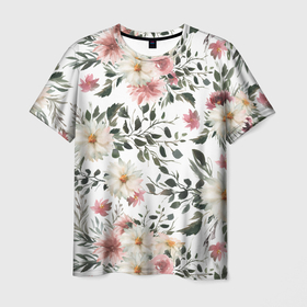 Мужская футболка 3D с принтом Цветы Акварельно Белые в Петрозаводске, 100% полиэфир | прямой крой, круглый вырез горловины, длина до линии бедер | flowers | природа | растение | флора | цветы