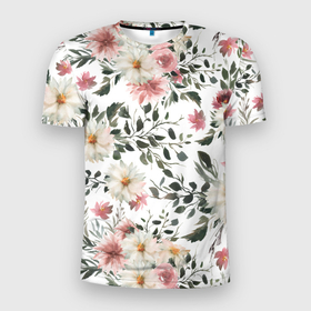 Мужская футболка 3D Slim с принтом Цветы Акварельно Белые , 100% полиэстер с улучшенными характеристиками | приталенный силуэт, круглая горловина, широкие плечи, сужается к линии бедра | Тематика изображения на принте: flowers | природа | растение | флора | цветы