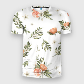 Мужская футболка 3D Slim с принтом Цветы Цитрусовых Мандарин в Екатеринбурге, 100% полиэстер с улучшенными характеристиками | приталенный силуэт, круглая горловина, широкие плечи, сужается к линии бедра | Тематика изображения на принте: flowers | природа | растение | флора | цветы