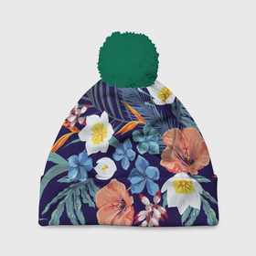 Шапка 3D c помпоном с принтом Цветы Экзотические в Тюмени, 100% полиэстер | универсальный размер, печать по всей поверхности изделия | flowers | природа | растение | флора | цветы