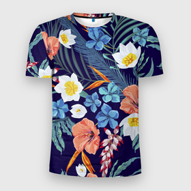 Мужская футболка 3D Slim с принтом Цветы Экзотические в Кировске, 100% полиэстер с улучшенными характеристиками | приталенный силуэт, круглая горловина, широкие плечи, сужается к линии бедра | flowers | природа | растение | флора | цветы