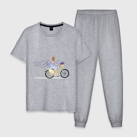 Мужская пижама хлопок с принтом Девушка с лавандой , 100% хлопок | брюки и футболка прямого кроя, без карманов, на брюках мягкая резинка на поясе и по низу штанин
 | велосипед | девушка | девушка на велосипеде | лаванда | цветок