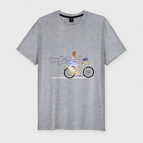 Мужская футболка хлопок Slim с принтом Девушка с лавандой в Белгороде, 92% хлопок, 8% лайкра | приталенный силуэт, круглый вырез ворота, длина до линии бедра, короткий рукав | Тематика изображения на принте: велосипед | девушка | девушка на велосипеде | лаванда | цветок
